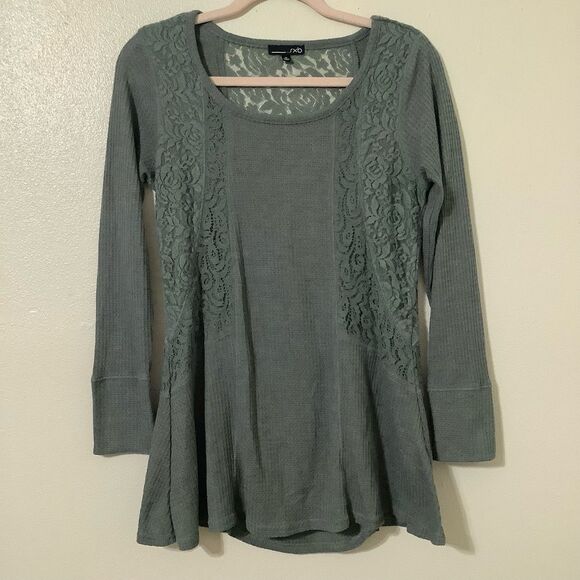 RXB Sage Green Fairycore Fairy Grunge Lace Waffle Knit Slouchy Blouse Sz Medium - Picture 1 of 14